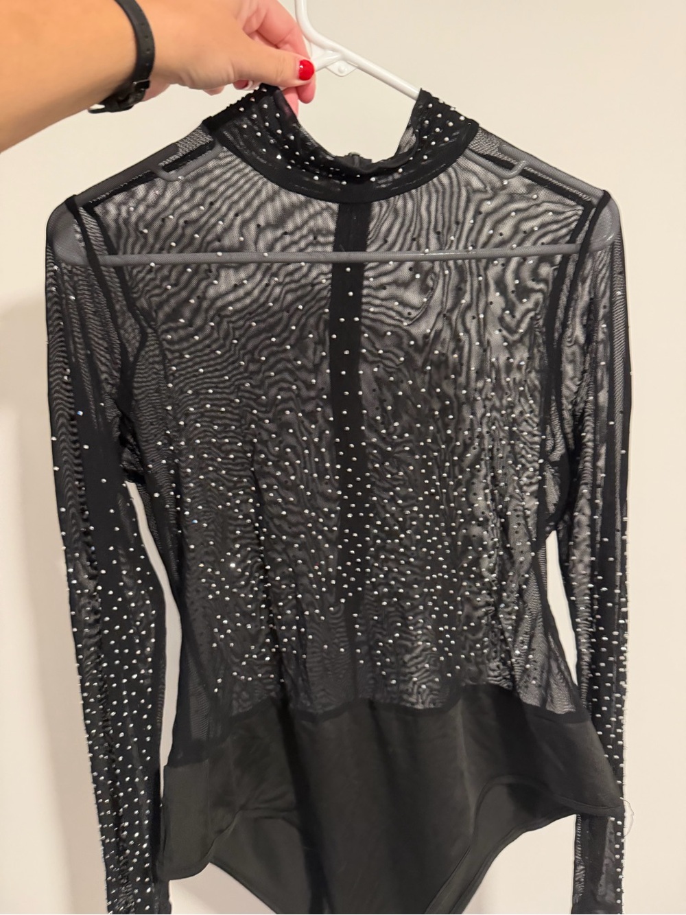 Sheer Black Rhinestone-Embellished Long Sleeve Bodysuit
